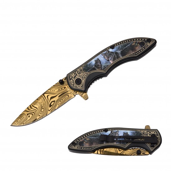 Wolf, Spring Assist Knife, Gold Titanium Blade with Pattern (120/12/12*9*16/42)