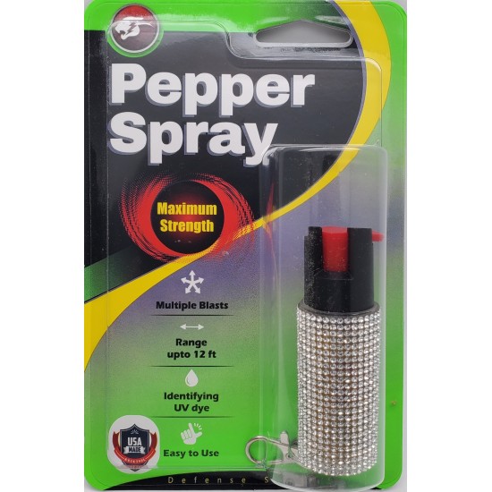 Cheetah White Rhinestones 1/2 oz Keychain Pepper Spray (200/24X14X18/30, 100/24X14X9/15)