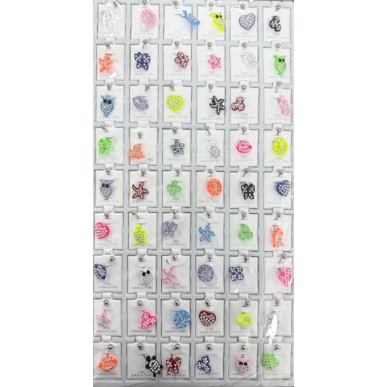 Silver Muti Design & Neon Colors Belly Rings 54 pcs/card (50/1/22*16*18/33)